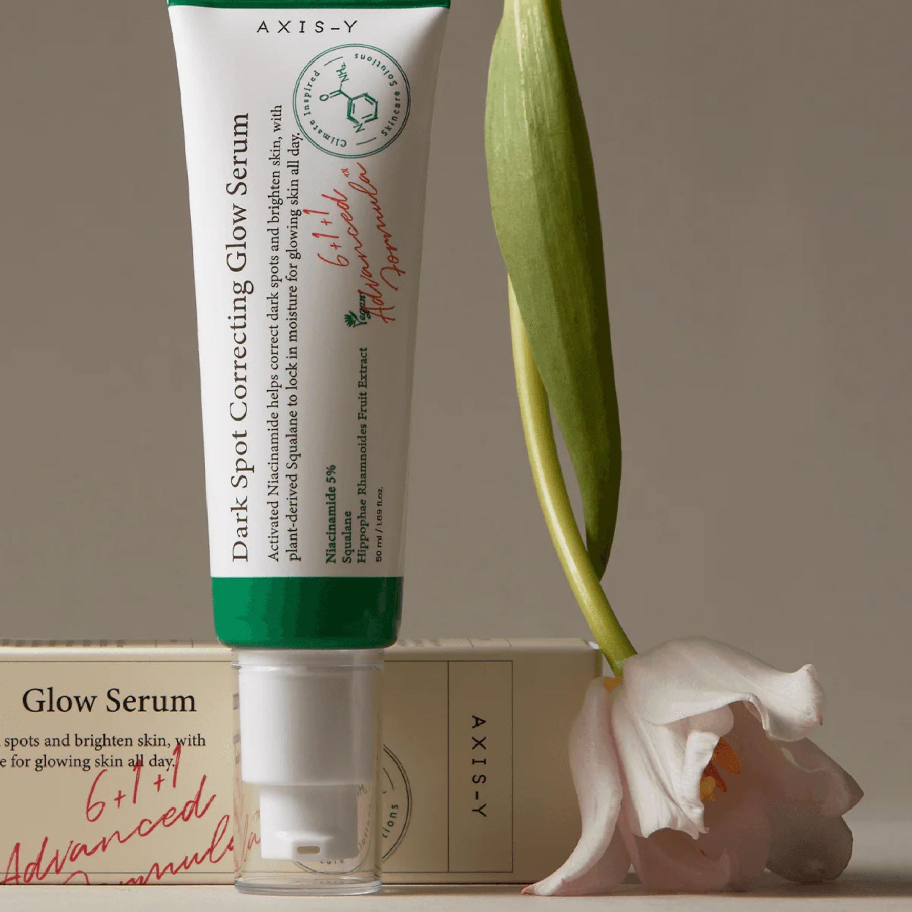 AXIS-Y Dark Spot Correcting Glow Serum packaging – Korean skincare serum to fade dark spots and enhance skin glow.