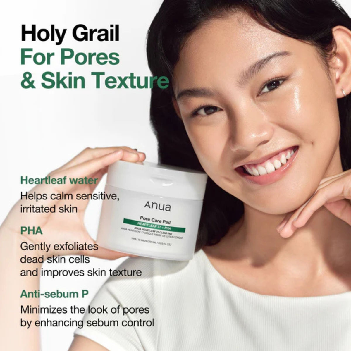 Model holding Anua Heartleaf 77 Clear Pad with heartleaf water and PHA, best Korean skincare toner pads for calming sensitive skin and pore care