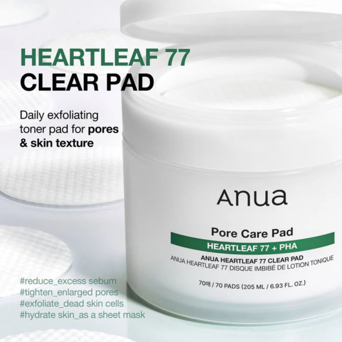 Anua Heartleaf 77 Clear Pad daily exfoliating toner pads with PHA for pores, sebum control, and smoother skin texture