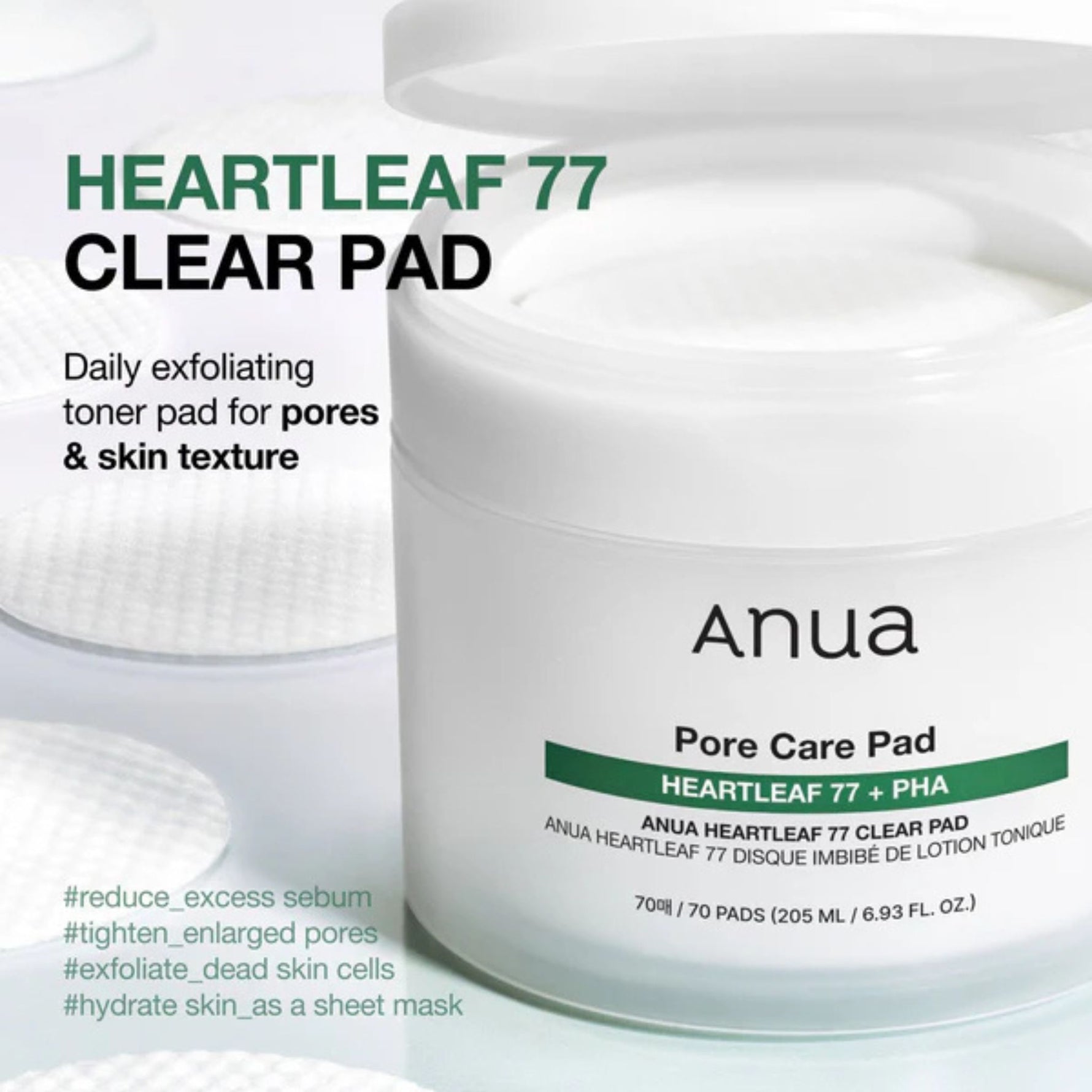 Anua Heartleaf 77 Clear Pad daily exfoliating toner pads with PHA for pores, sebum control, and smoother skin texture