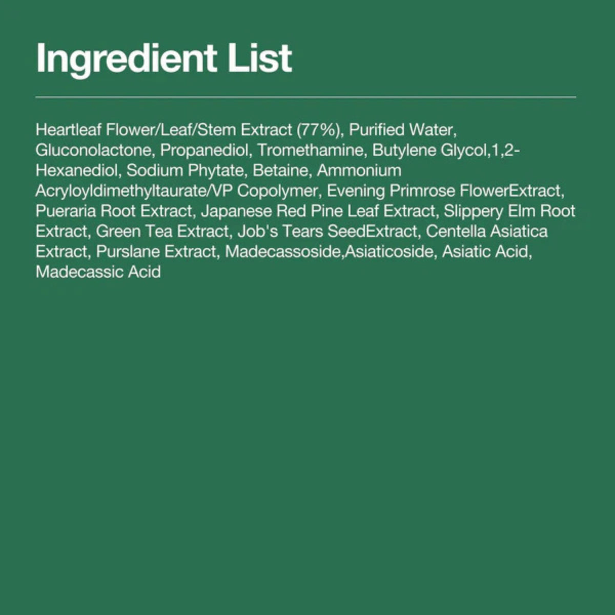 Anua Heartleaf 77 Clear Pad full ingredient list with 77% heartleaf extract, PHA, and soothing botanical extracts for pore care and exfoliation