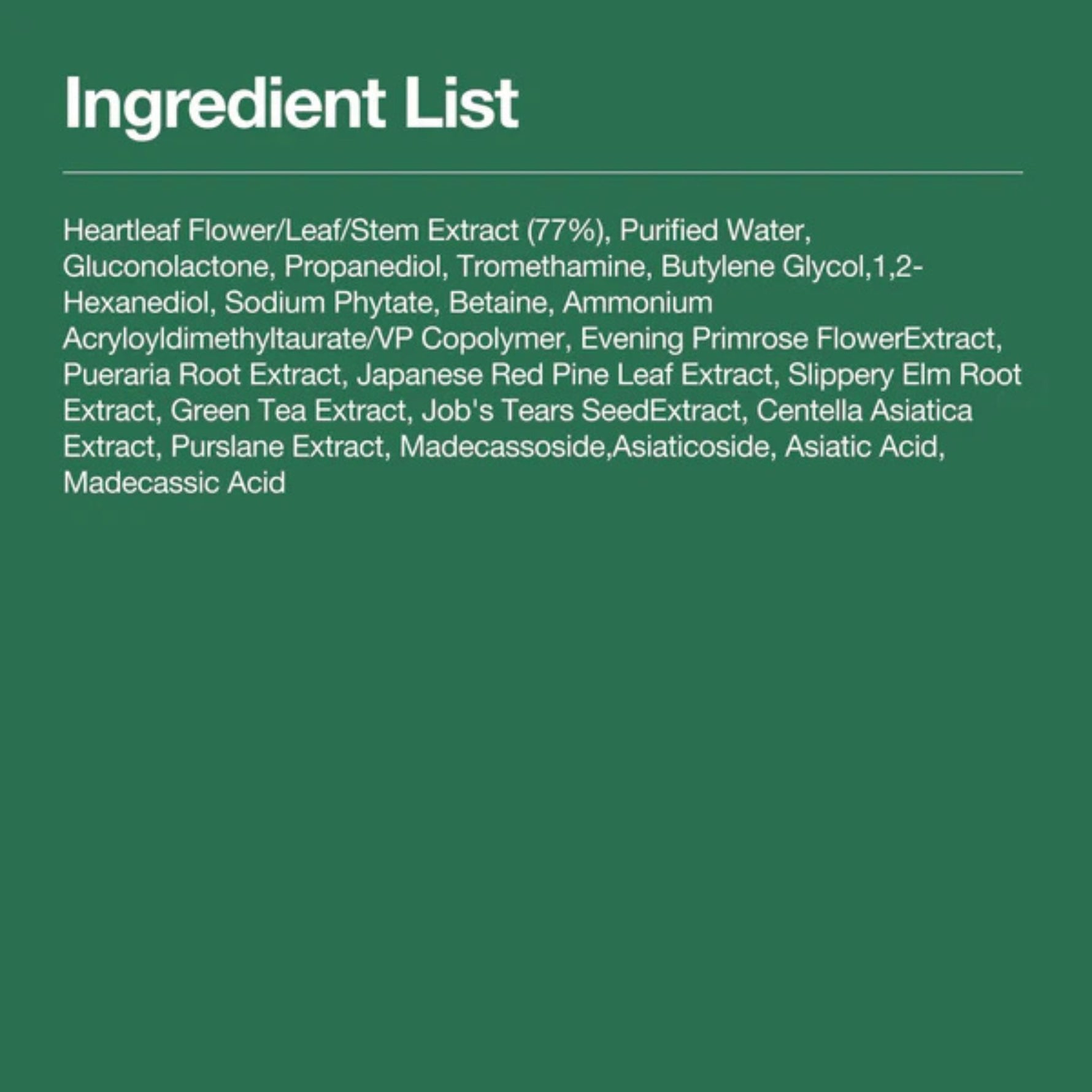 Anua Heartleaf 77 Clear Pad full ingredient list with 77% heartleaf extract, PHA, and soothing botanical extracts for pore care and exfoliation