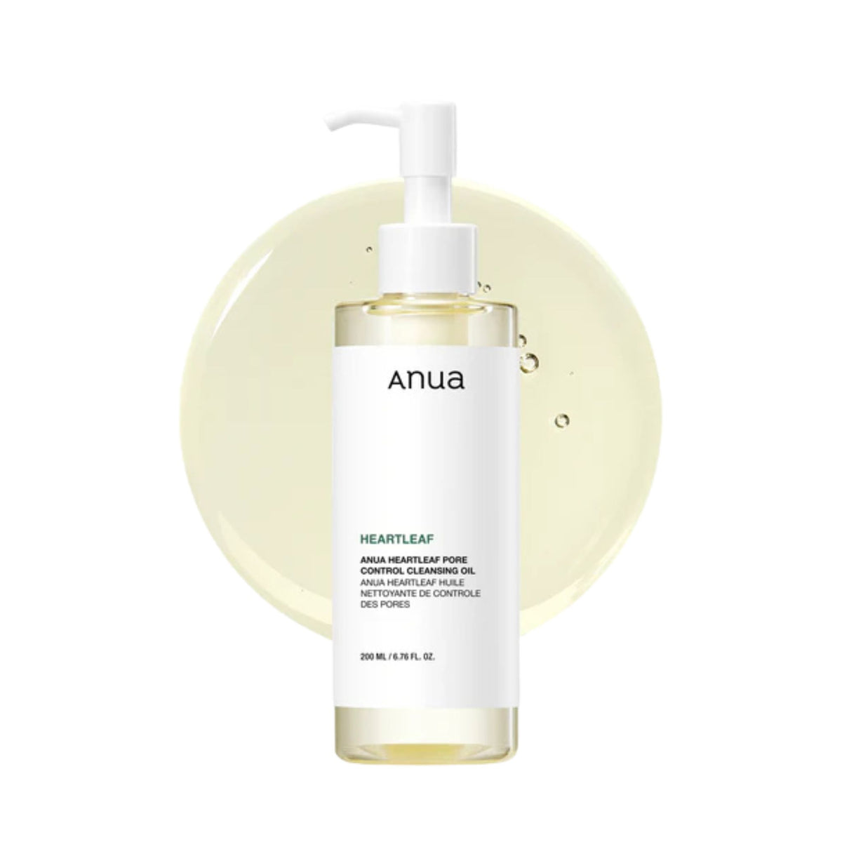 Anua Heartleaf Pore Control Cleansing Oil 200ml bottle on oil texture background – Korean facial cleansing oil for deep pore cleansing and makeup removal