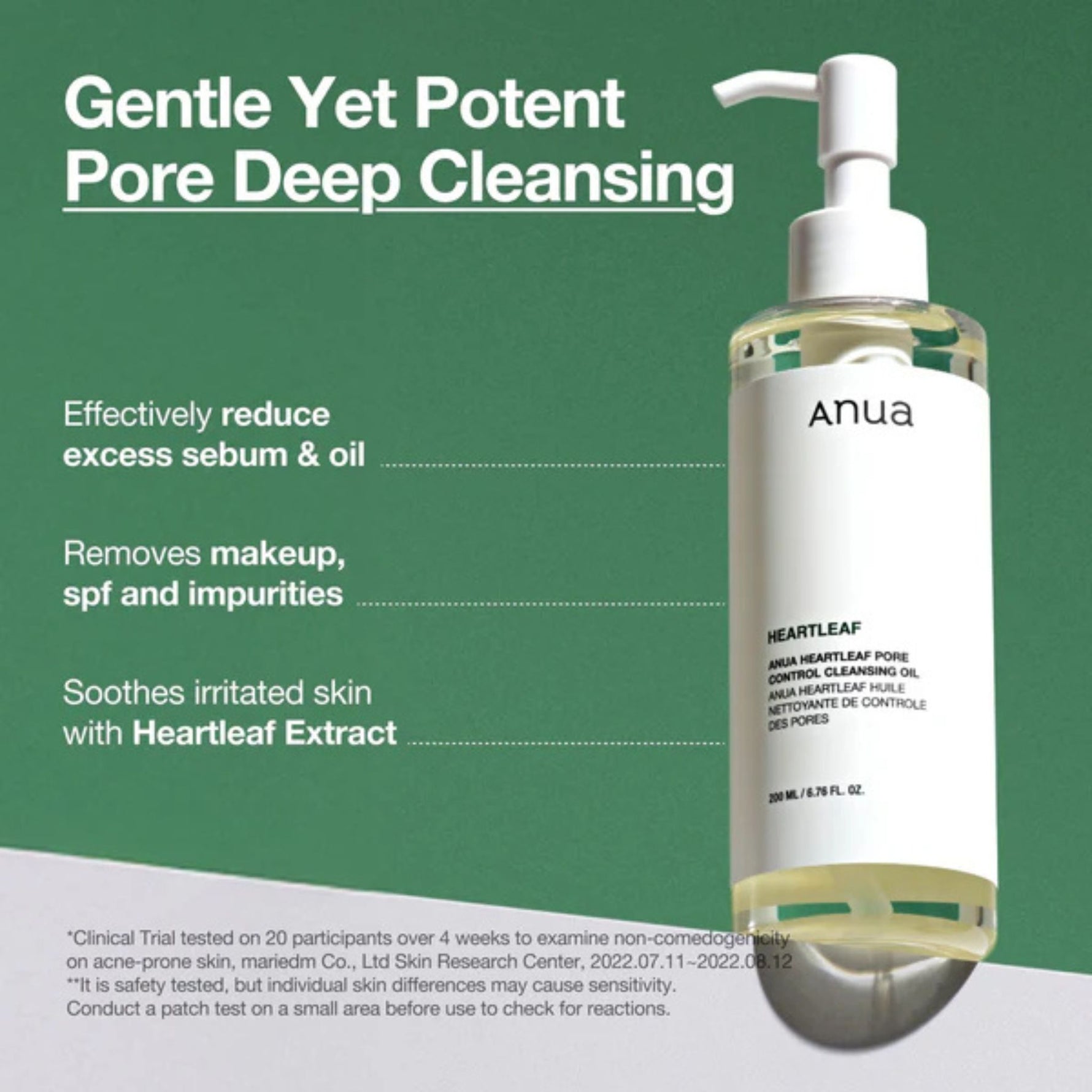 Anua Heartleaf Pore Control Cleansing Oil key benefits – reduces excess sebum, removes makeup and SPF, soothes irritated skin with heartleaf extract