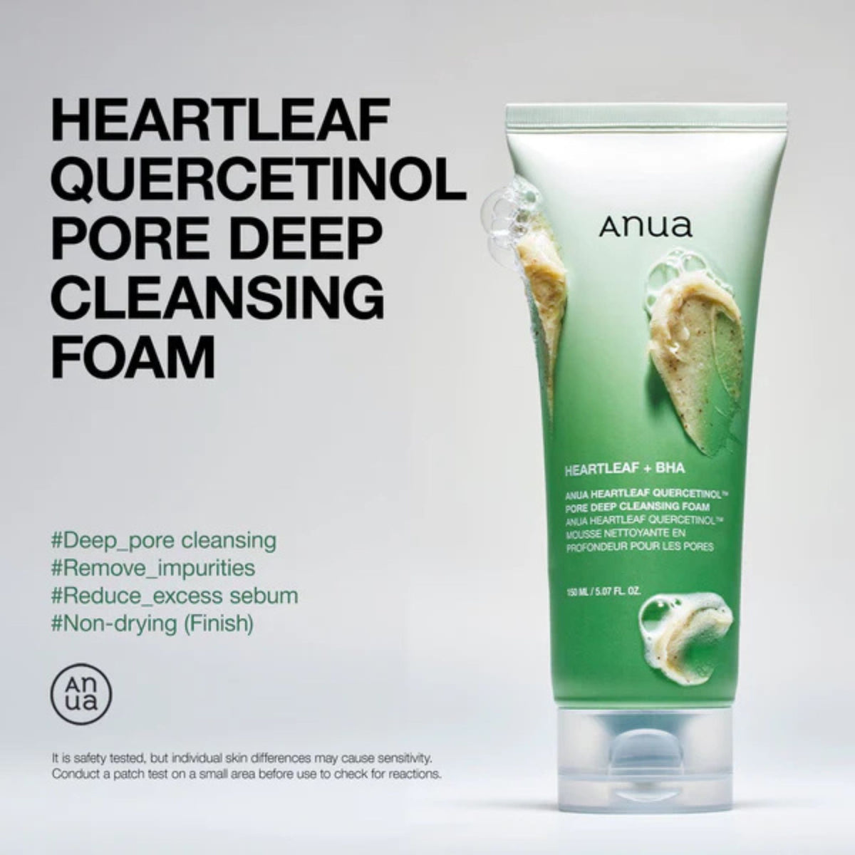 Anua Heartleaf Quercetinol Pore Deep Cleansing Foam highlighting deep pore cleansing, sebum control, impurity removal, and non-drying finish.