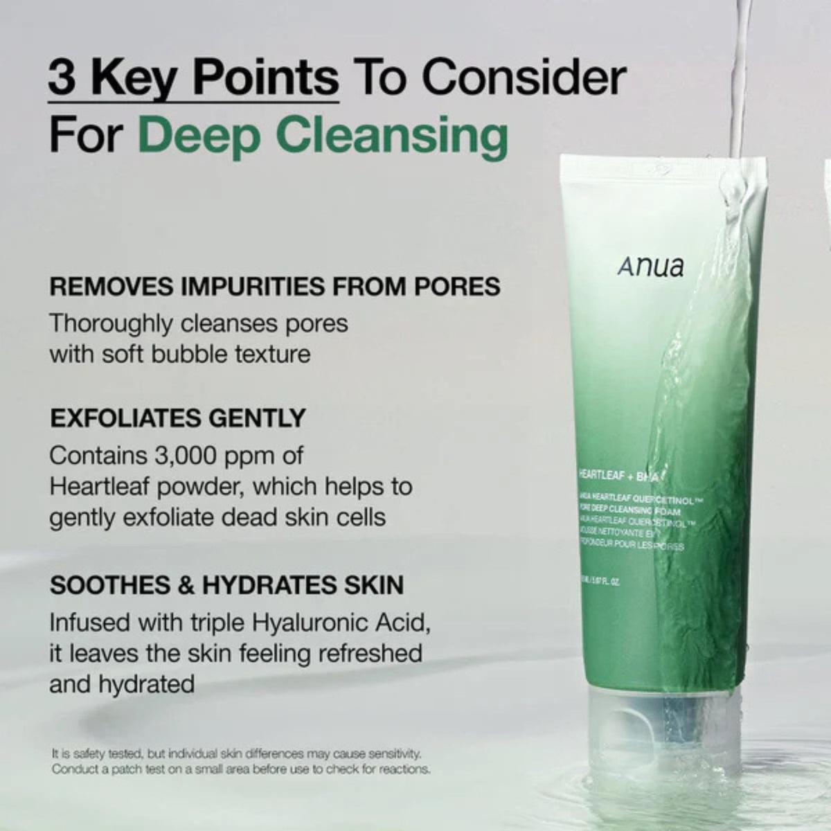 Anua Heartleaf Quercetinol Cleansing Foam showing deep pore cleansing, gentle exfoliation with Heartleaf powder, and hydration with triple hyaluronic acid