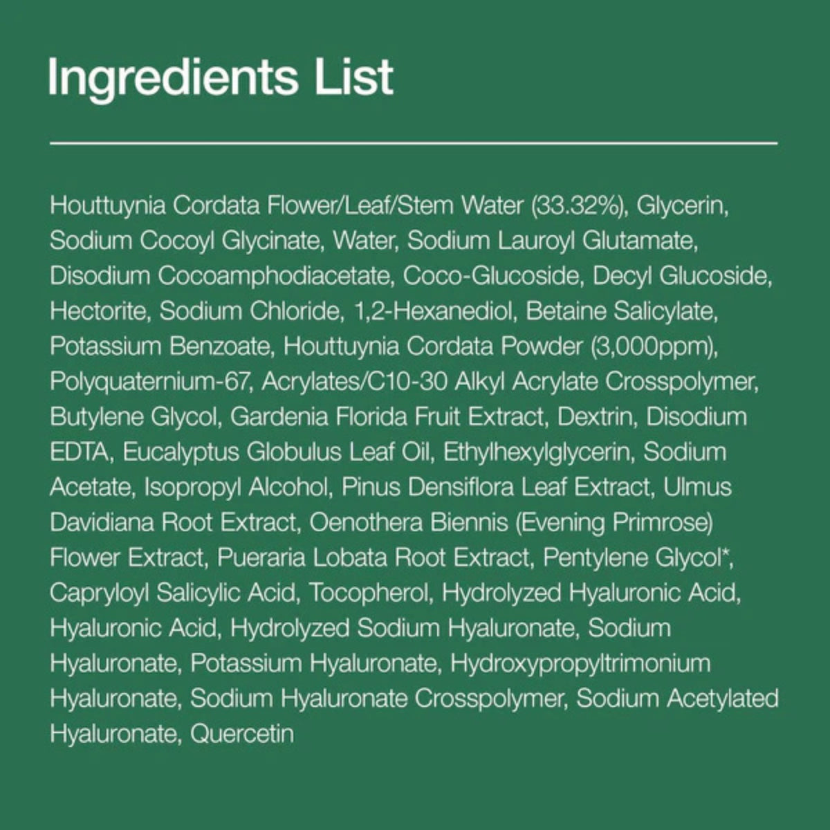 Anua Heartleaf Quercetinol Cleansing Foam full ingredients list with Heartleaf extract 33.32%, BHA, Hyaluronic Acid, Quercetin, and soothing botanicals.