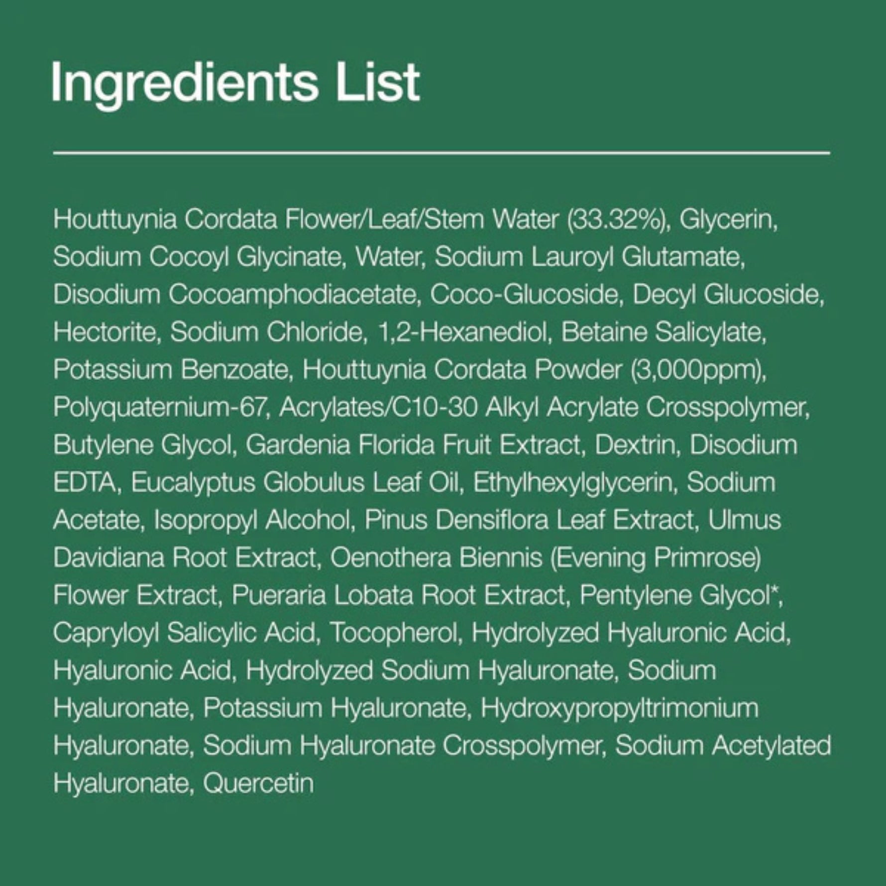 Anua Heartleaf Quercetinol Cleansing Foam full ingredients list with Heartleaf extract 33.32%, BHA, Hyaluronic Acid, Quercetin, and soothing botanicals.