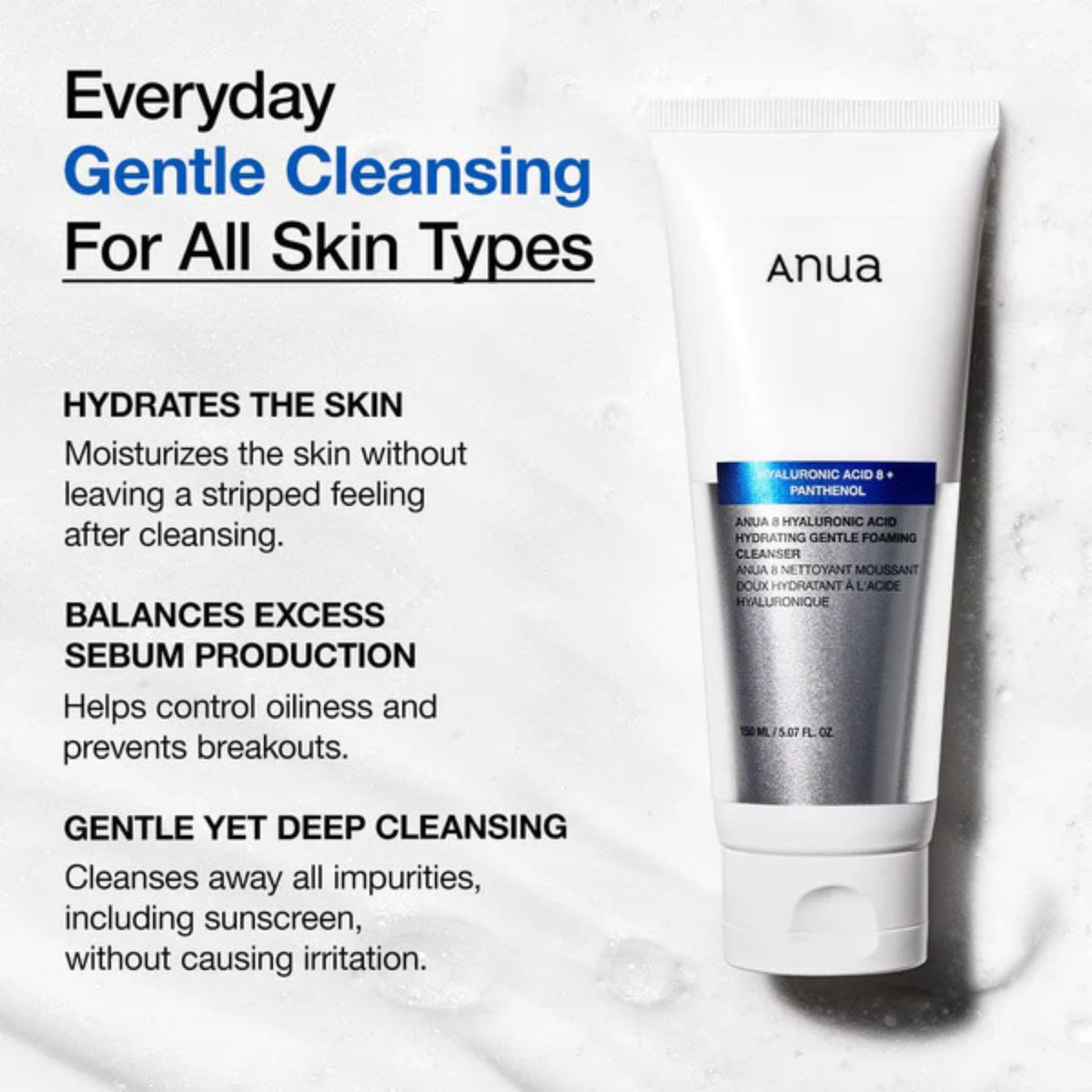 Anua Hyaluronic Hydrating Gentle Foaming Cleanser – gentle yet deep cleansing face wash that hydrates, balances oil, and removes sunscreen without irritation.