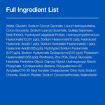 Full ingredient list of Anua Hyaluronic Hydrating Gentle Foaming Cleanser featuring 8 hyaluronic acids, panthenol, zinc PCA, and soothing botanical extracts.