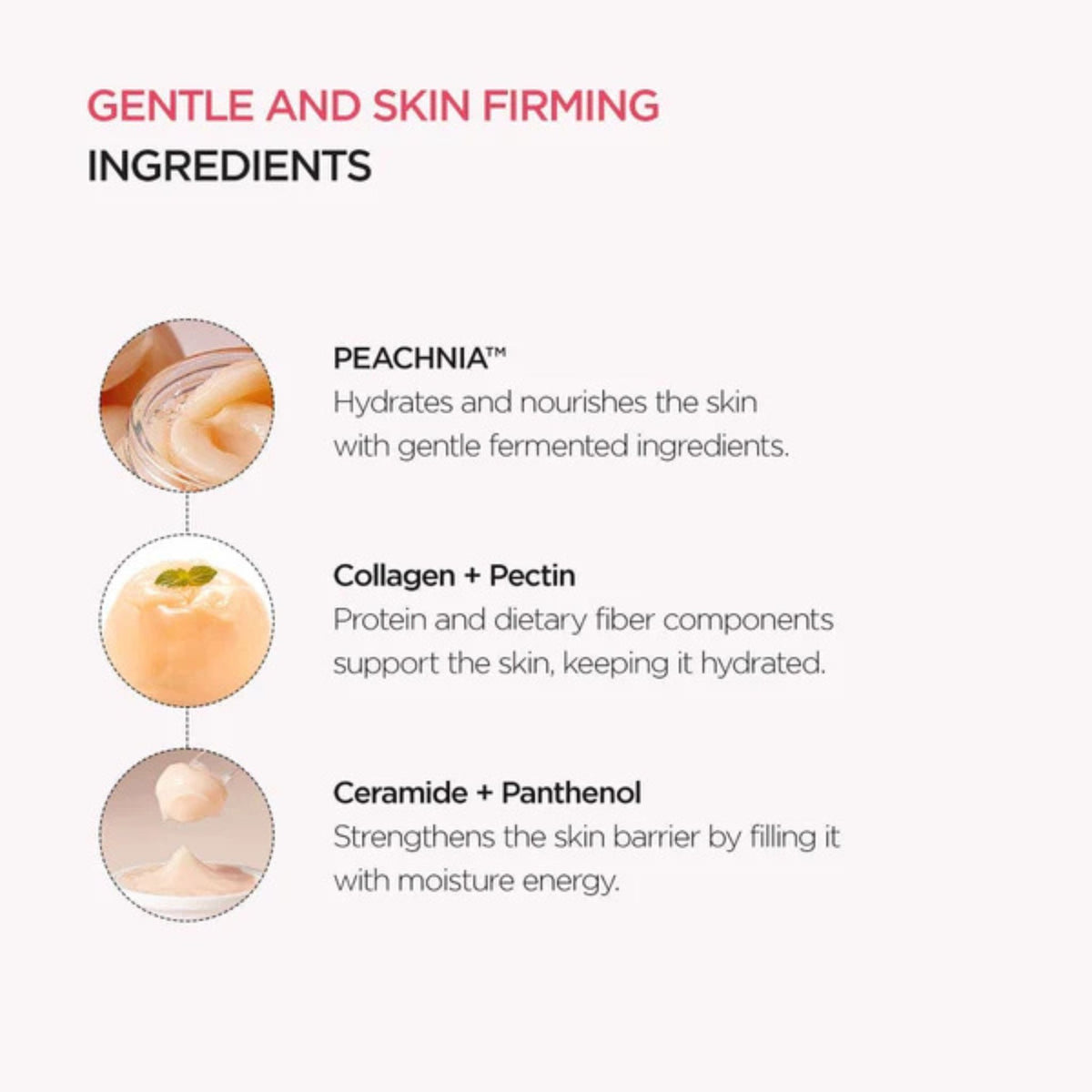 Anua Peach 77 Niacin Enriched Cream ingredients – peach extract, collagen, ceramide, and panthenol for hydration, skin barrier support, and firmness.