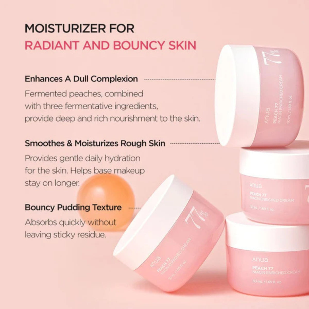 Anua Peach 77 Niacin Enriched Cream – brightening Korean moisturizer with fermented peach, niacinamide, and hydrating pudding texture for smooth, radiant skin.