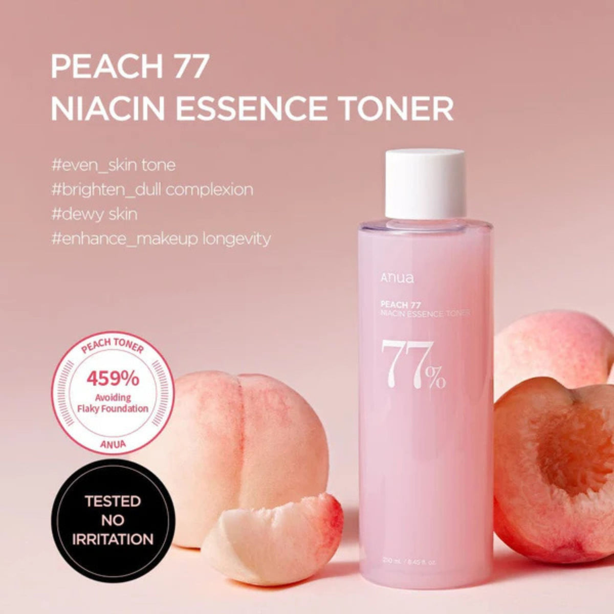 Anua Peach 77 Niacin Essence Toner – hydrating peach toner for even skin tone, brightening dull complexion, dewy finish, and enhanced makeup longevity.