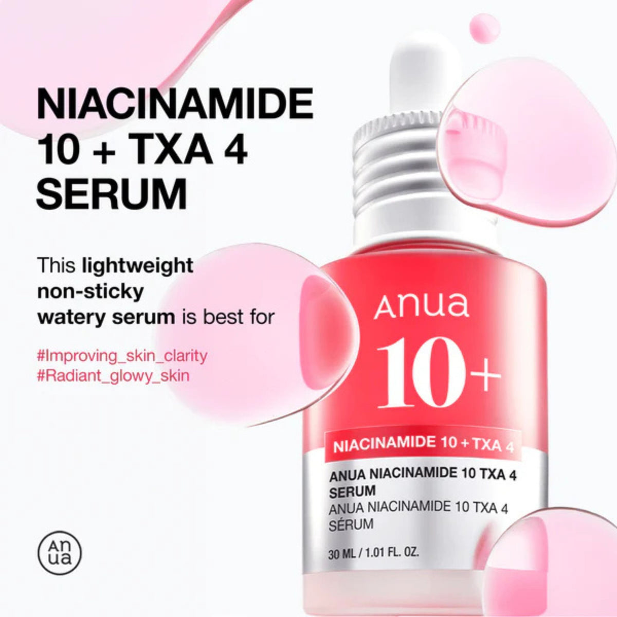 Anua Niacinamide 10 + TXA 4 Serum – lightweight non-sticky Korean serum with niacinamide and tranexamic acid for glowing, radiant, even-toned skin.
