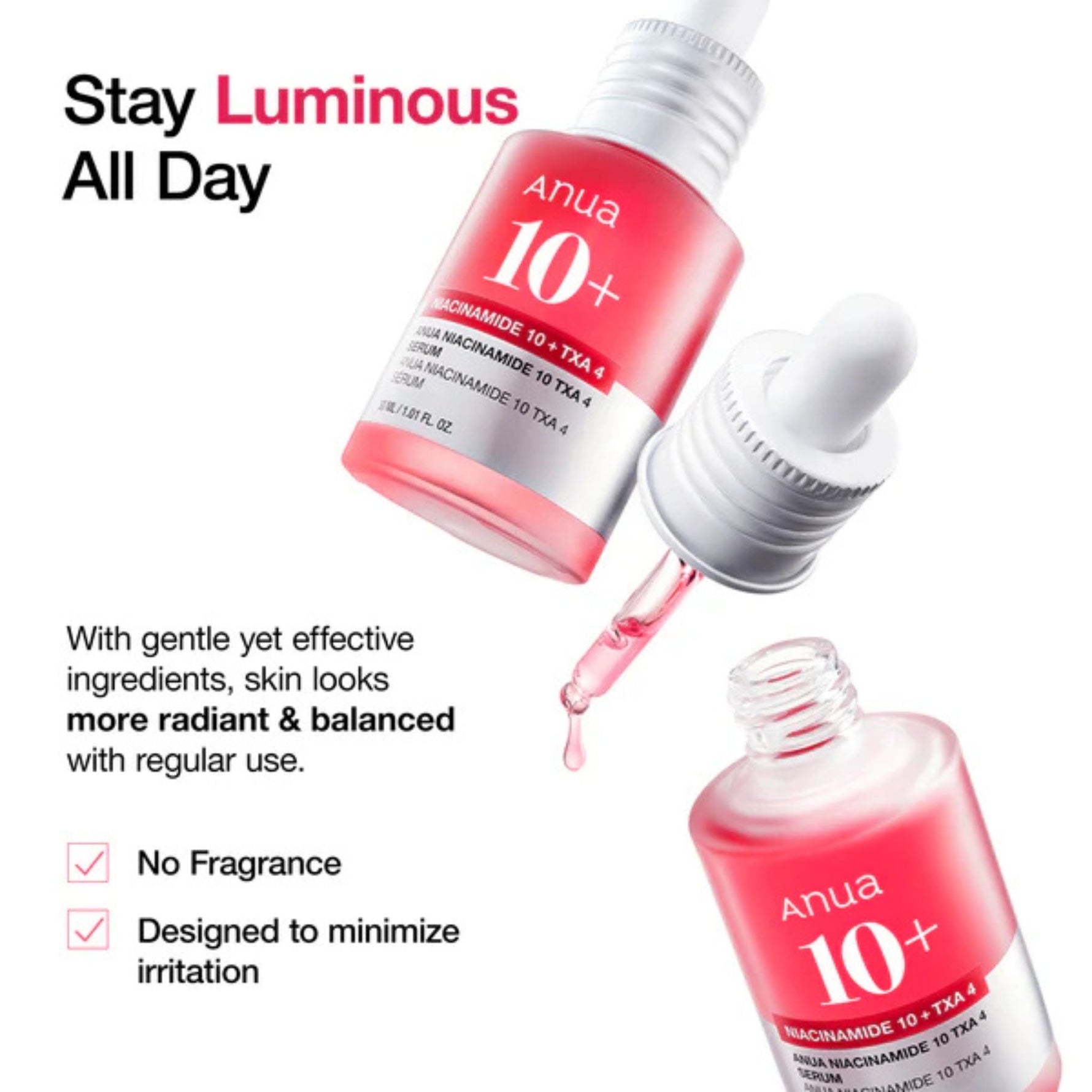 Anua Niacinamide 10 + TXA 4 Serum – fragrance-free brightening serum designed to minimize irritation, improve radiance, and balance uneven skin tone.