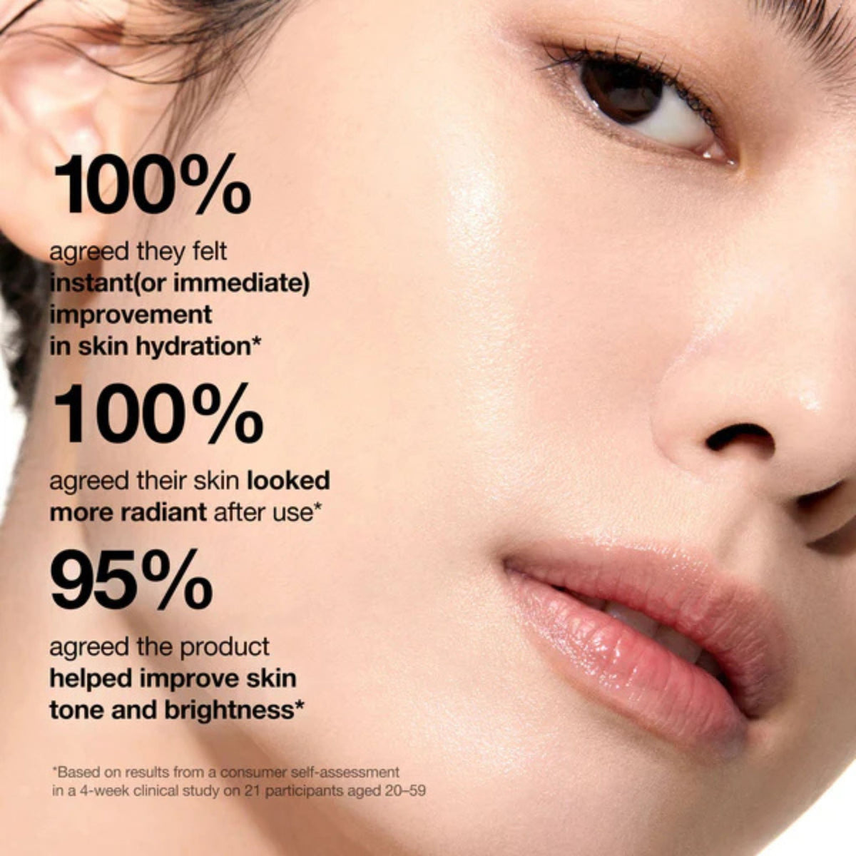 Close-up model with radiant skin showing clinical results of Anua Rice Milky Toner – 100% improved hydration, radiance, and skin tone