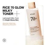 Anua Rice 70 Glow Milky Toner bottle in clear water with rice – lightweight milky toner for radiant, glowy skin