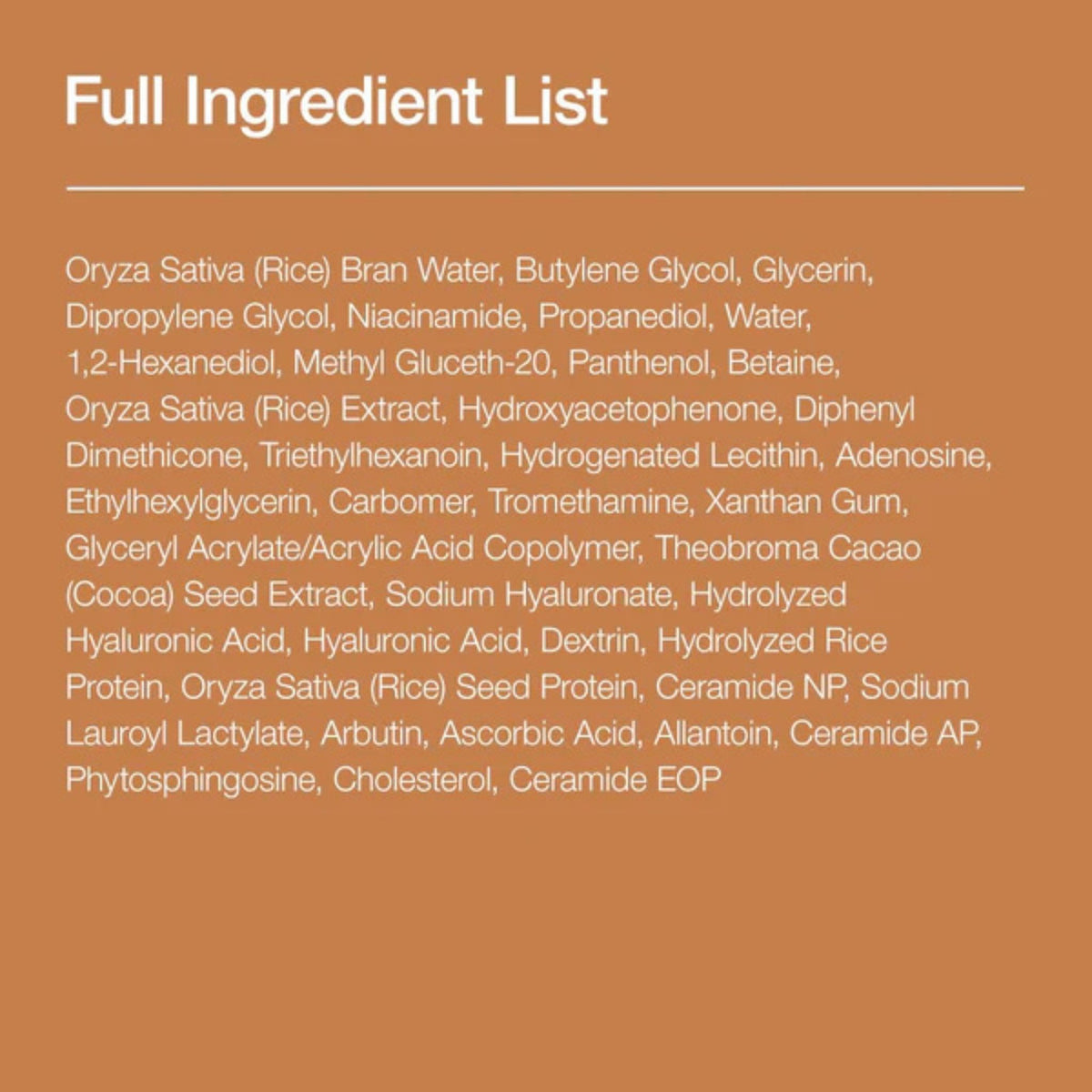 Full ingredient list of Anua Rice Milky Toner 250ml highlighting rice water, niacinamide, ceramides, panthenol, and hyaluronic acid for hydration and brightening