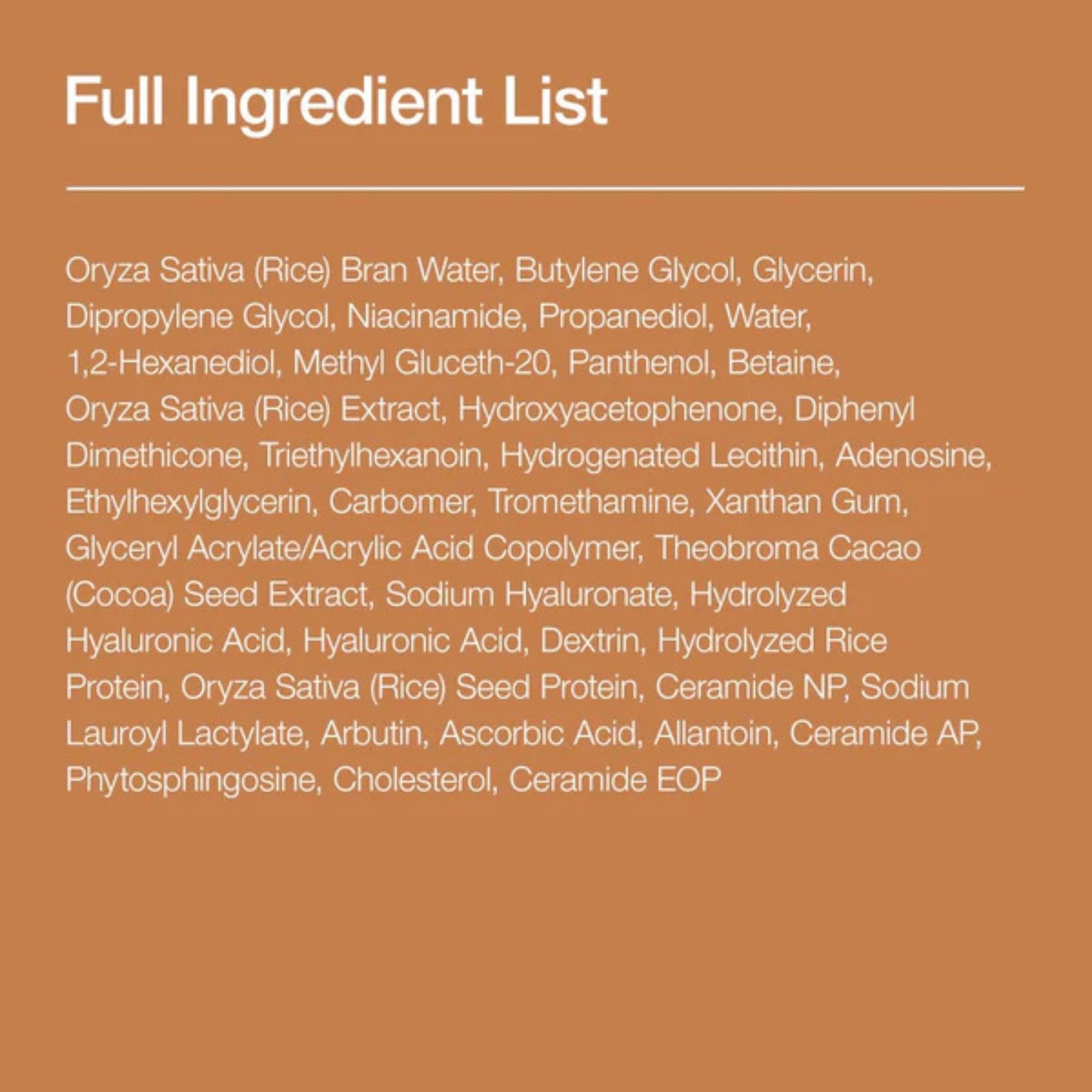 Full ingredient list of Anua Rice Milky Toner 250ml highlighting rice water, niacinamide, ceramides, panthenol, and hyaluronic acid for hydration and brightening