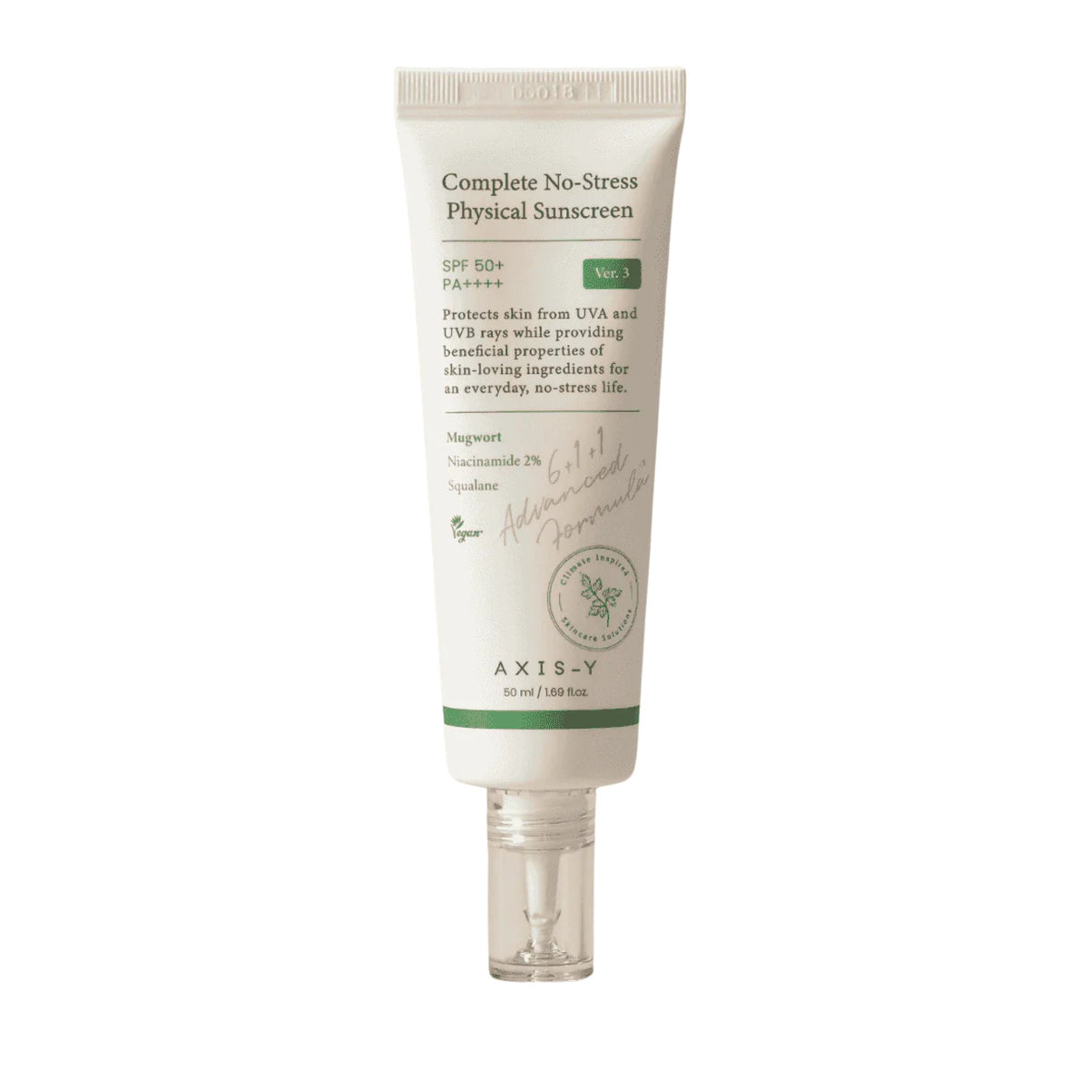 AXIS-Y Complete No-Stress Physical Sunscreen SPF 50+ PA++++ — vegan mugwort mineral sunscreen for daily UV protection