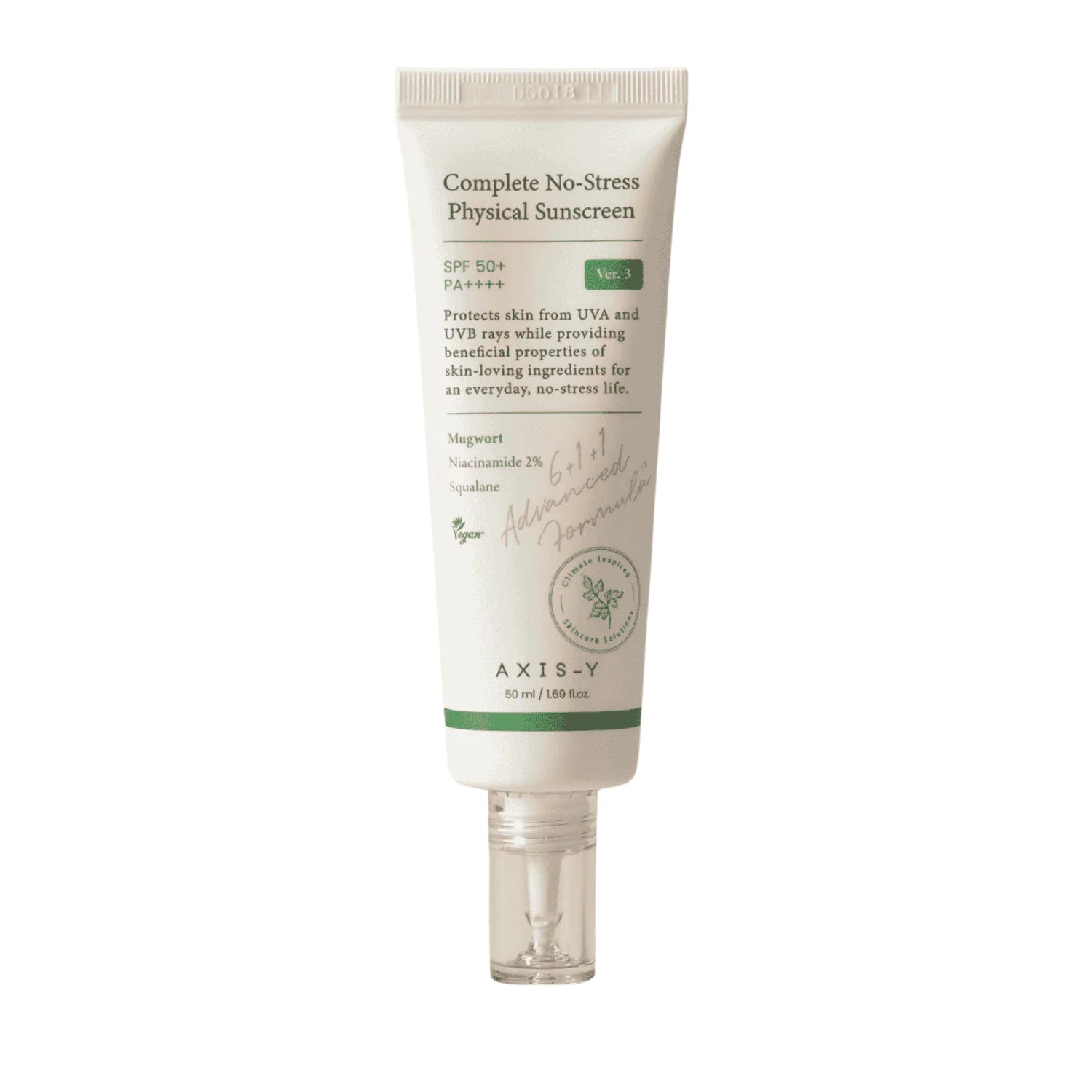 AXIS-Y Complete No-Stress Physical Sunscreen SPF 50+ PA++++ — vegan mugwort mineral sunscreen for daily UV protection