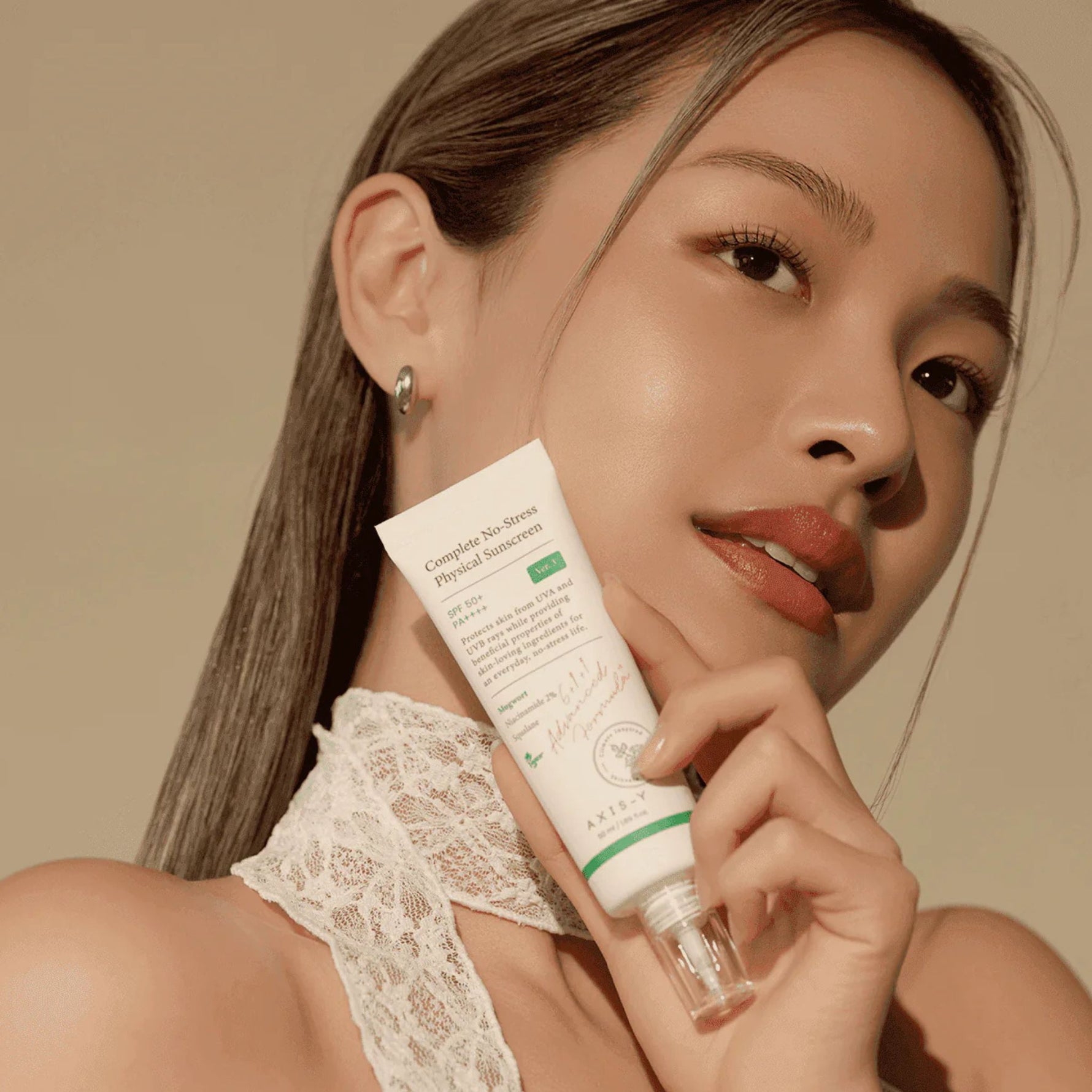 AXIS-Y Complete No-Stress Physical Sunscreen SPF 50+ PA++++ — lightweight Korean mineral sunscreen with mugwort, niacinamide 2% and squalane for calm, healthy skin