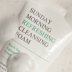 AXIS-Y Sunday Morning Refreshing Cleansing Foam wet packaging detail – birch sap and green tea cleanser for clear hydrated skin