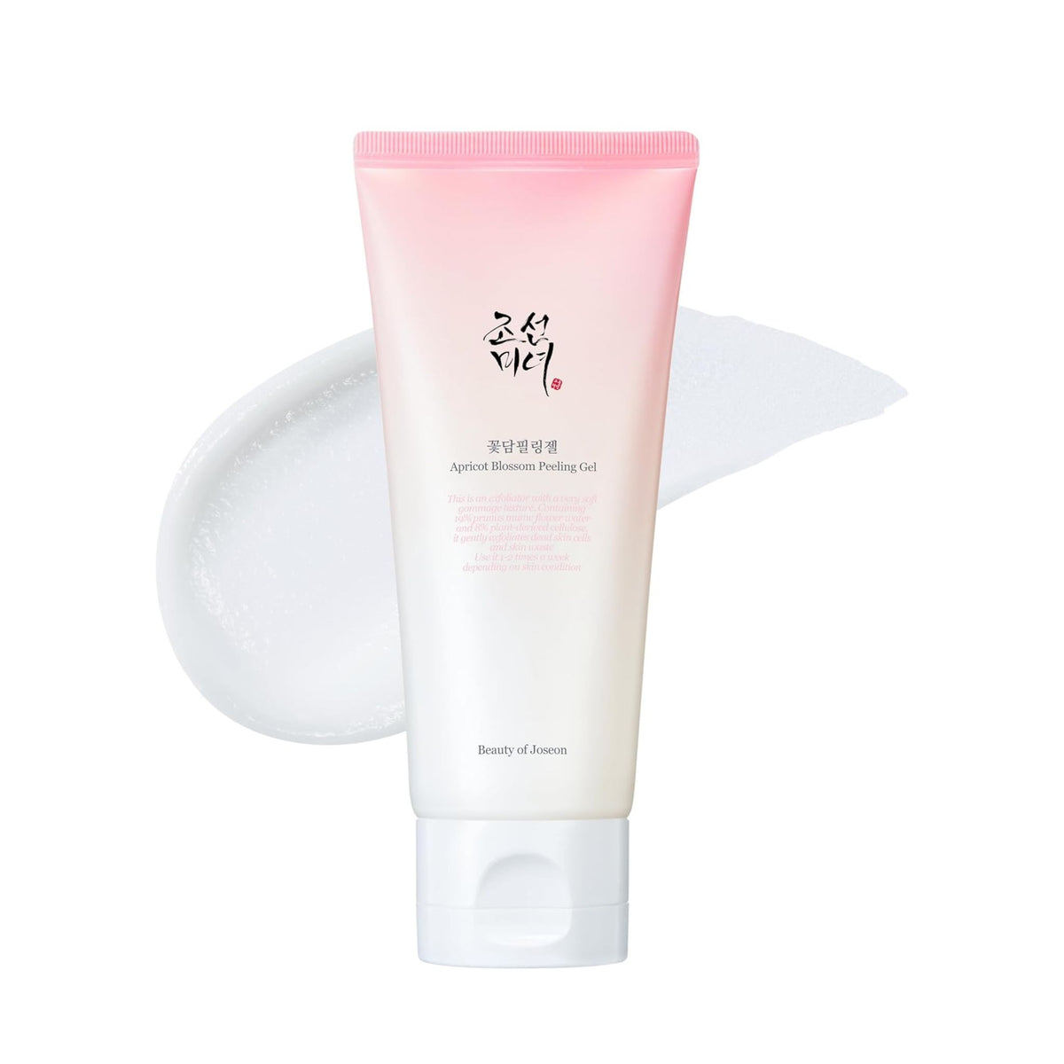 Beauty of Joseon Apricot Blossom Peeling Gel exfoliating face cleanser in pink and white tube with smooth gel texture
