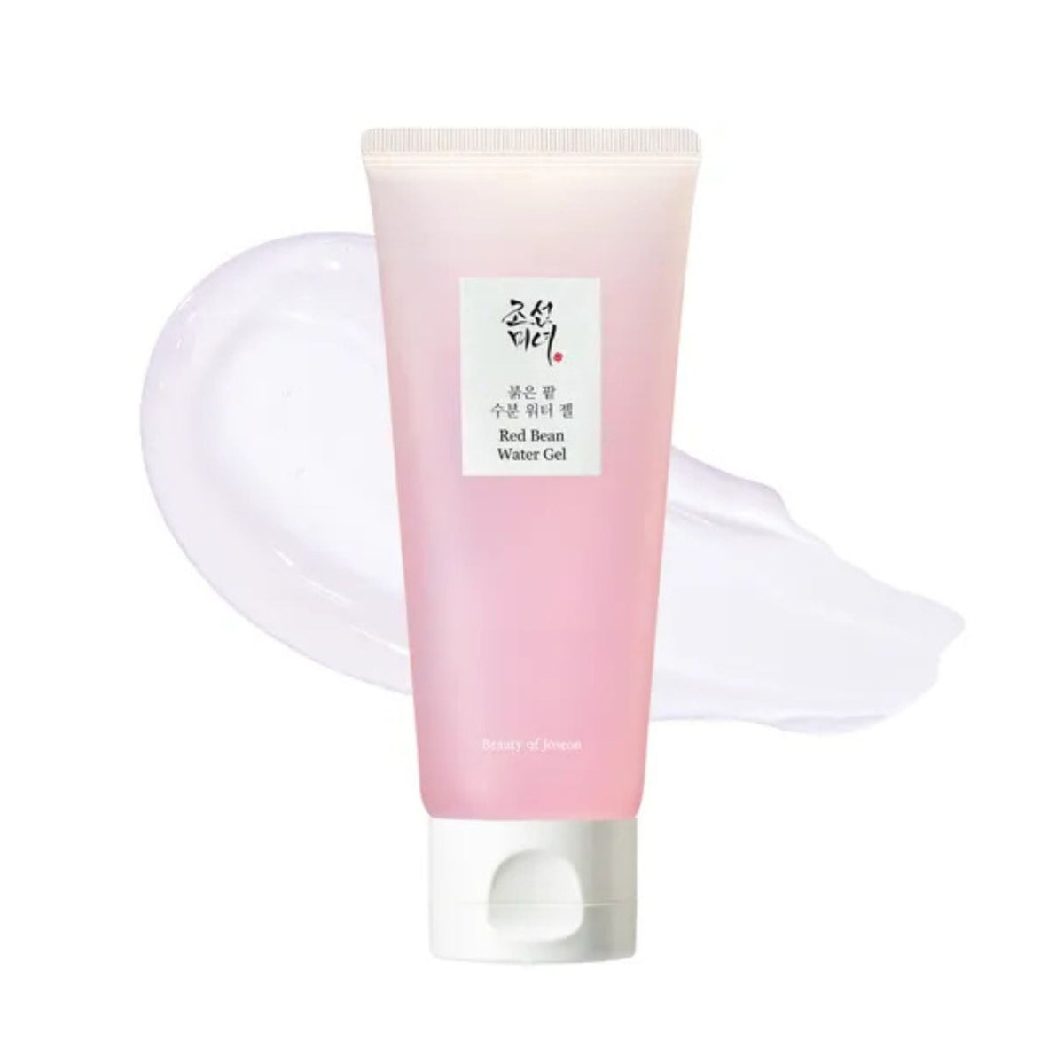 Beauty of Joseon Red Bean Water Gel product image on white background with gel texture smear
