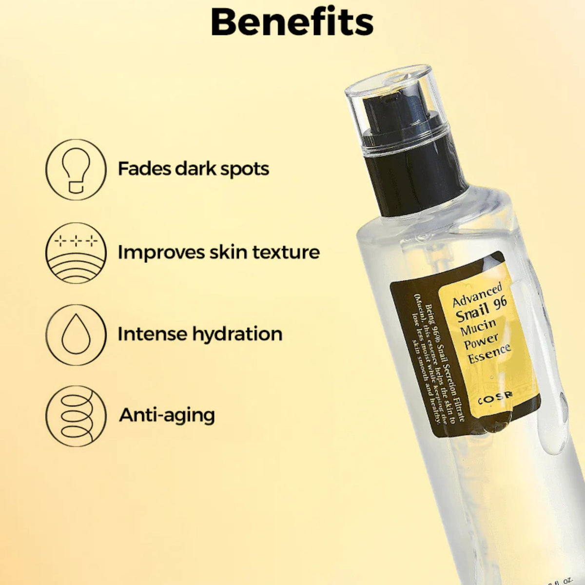 COSRX Advanced Snail 96 Mucin Power Essence – brightening and anti-aging Korean essence with 96% snail mucin to fade dark spots and deeply hydrate.