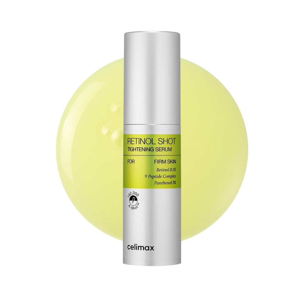Celimax The Vita-A Retinol Shot Tightening Serum 30ml bottle with 0.1% retinol and 9 peptide complex on yellow serum texture