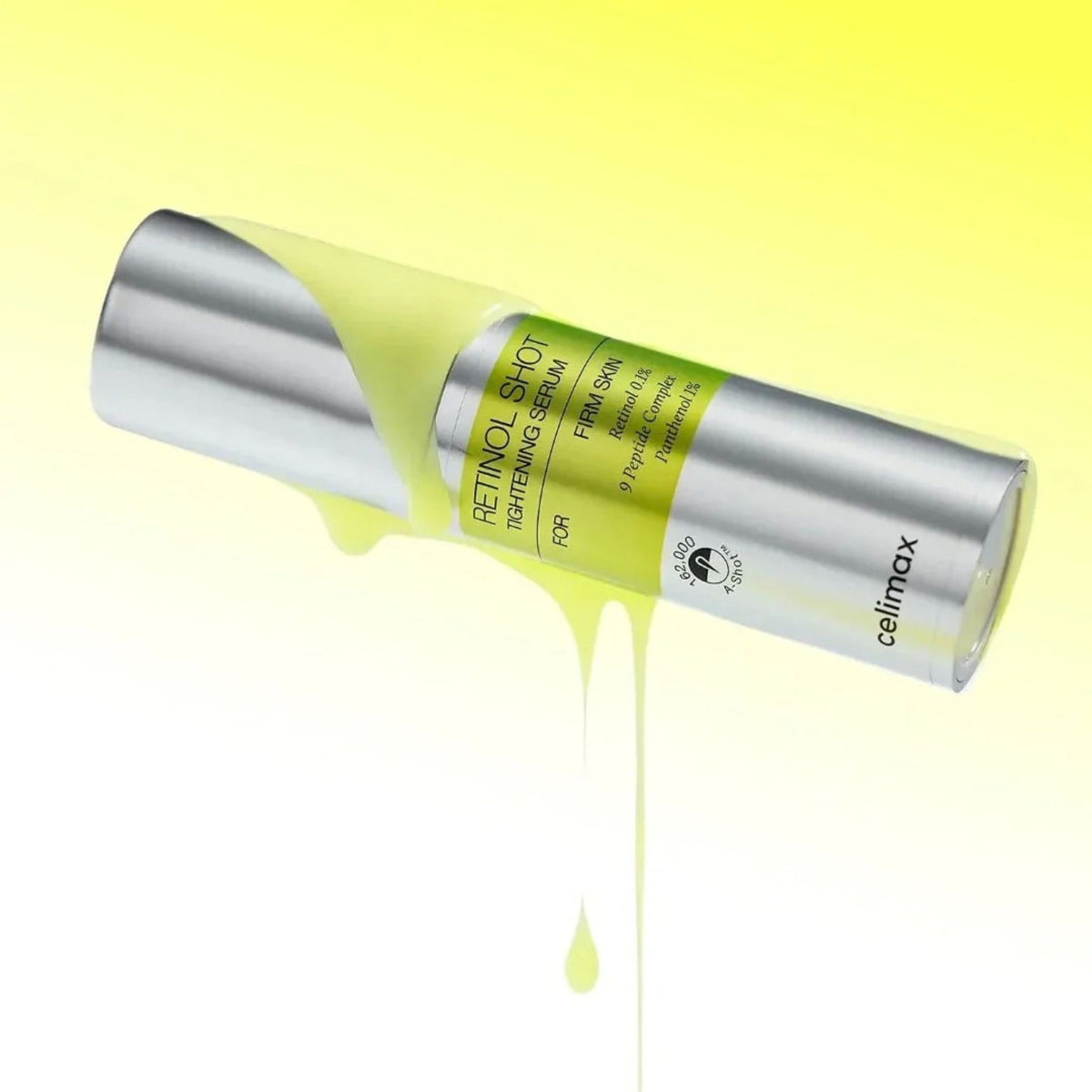 Celimax Retinol Shot Tightening Serum bottle with lightweight yellow serum dripping - 162,000 A-Shot™ retinol serum