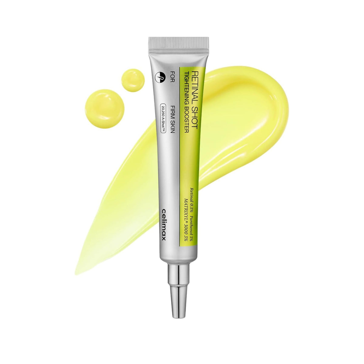 Celimax The Vita-A Retinal Shot Tightening Booster 15ml tube with yellow texture swatch - 0.1% retinal and Matrixyl 3000