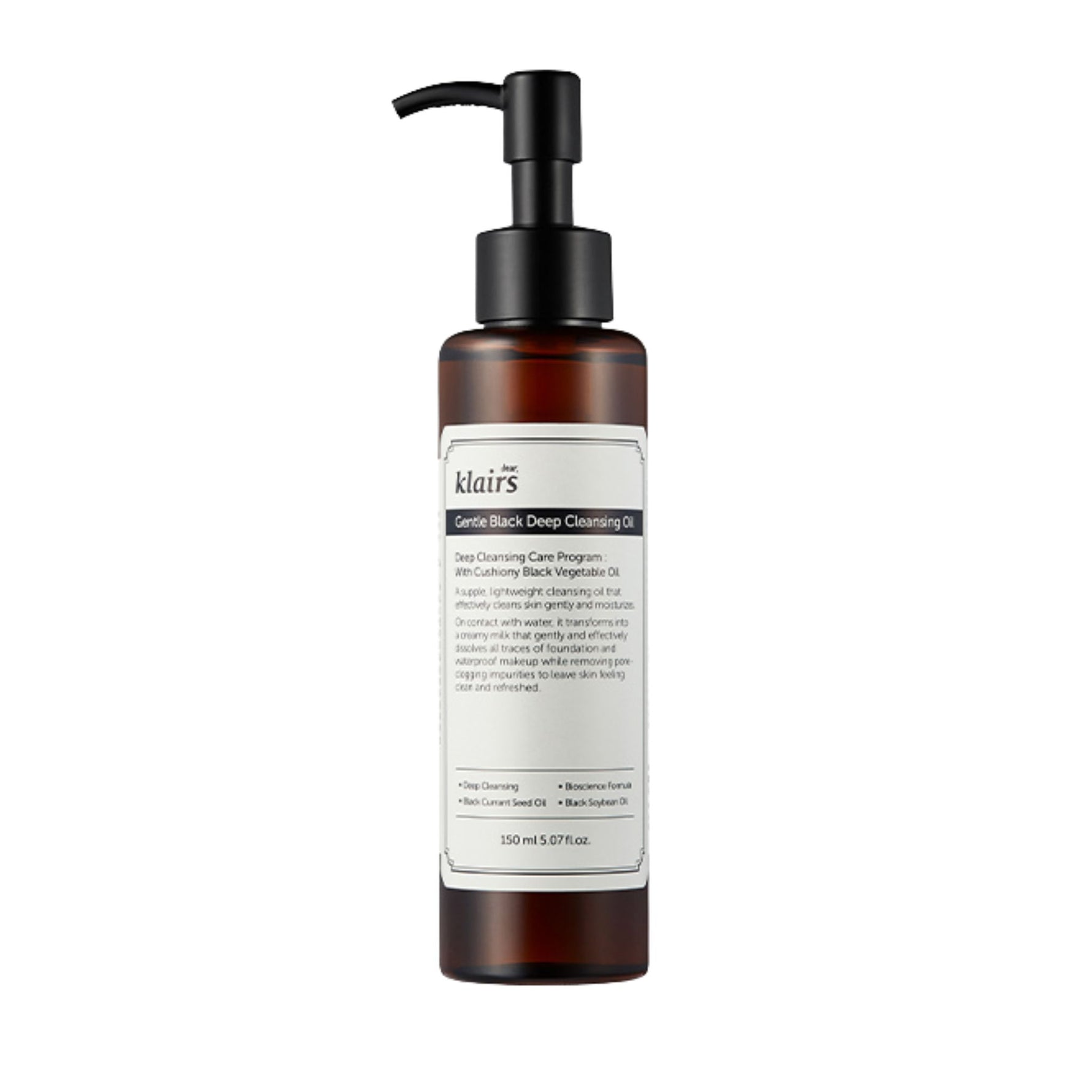 Klairs Gentle Black Deep Cleansing Oil 150ml — vegan Korean facial cleansing oil made with black soybean and black currant seed oil