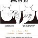 Before and after Dr.Melaxin Kojic Acid Turmeric Spray on bumpy chest skin and darker underarm skin – brand-reported results after one use