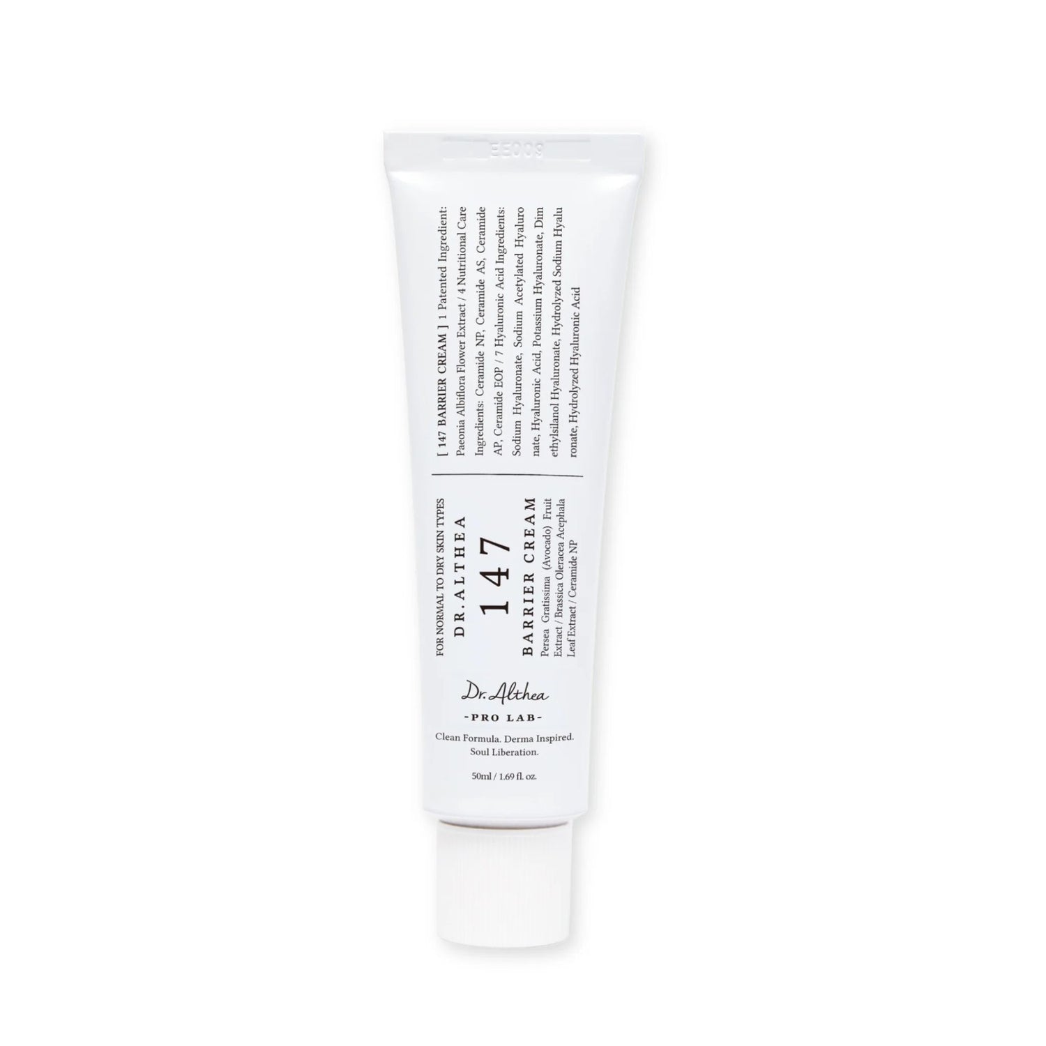 Dr. Althea 147 Barrier Cream 50ml white tube packaging, Korean moisturizing cream formulated with ceramides, hyaluronic acid, and soothing botanical extracts for sensitive and dry skin.