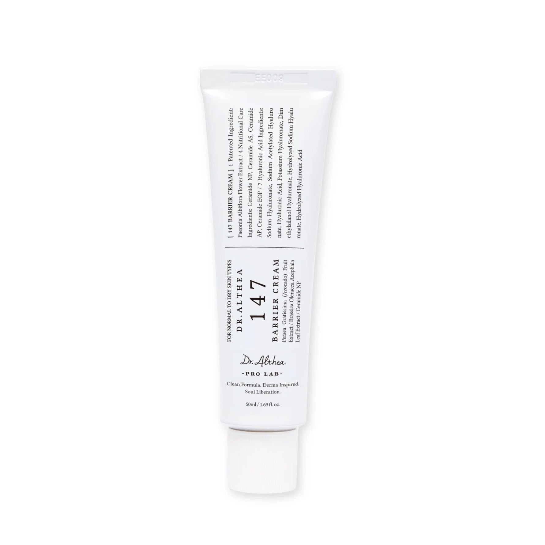 Dr. Althea 147 Barrier Cream 50ml white tube packaging, Korean moisturizing cream formulated with ceramides, hyaluronic acid, and soothing botanical extracts for sensitive and dry skin.
