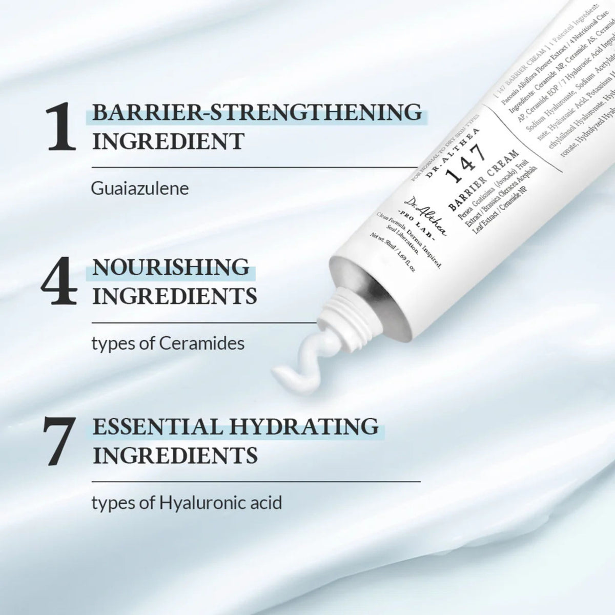 Dr. Althea 147 Barrier Cream infographic showing 1 barrier-strengthening ingredient guaiazulene, 4 nourishing ceramides, and 7 hydrating types of hyaluronic acid for skin barrier repair and deep hydration.