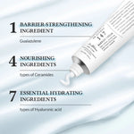 Dr. Althea 147 Barrier Cream infographic showing 1 barrier-strengthening ingredient guaiazulene, 4 nourishing ceramides, and 7 hydrating types of hyaluronic acid for skin barrier repair and deep hydration.