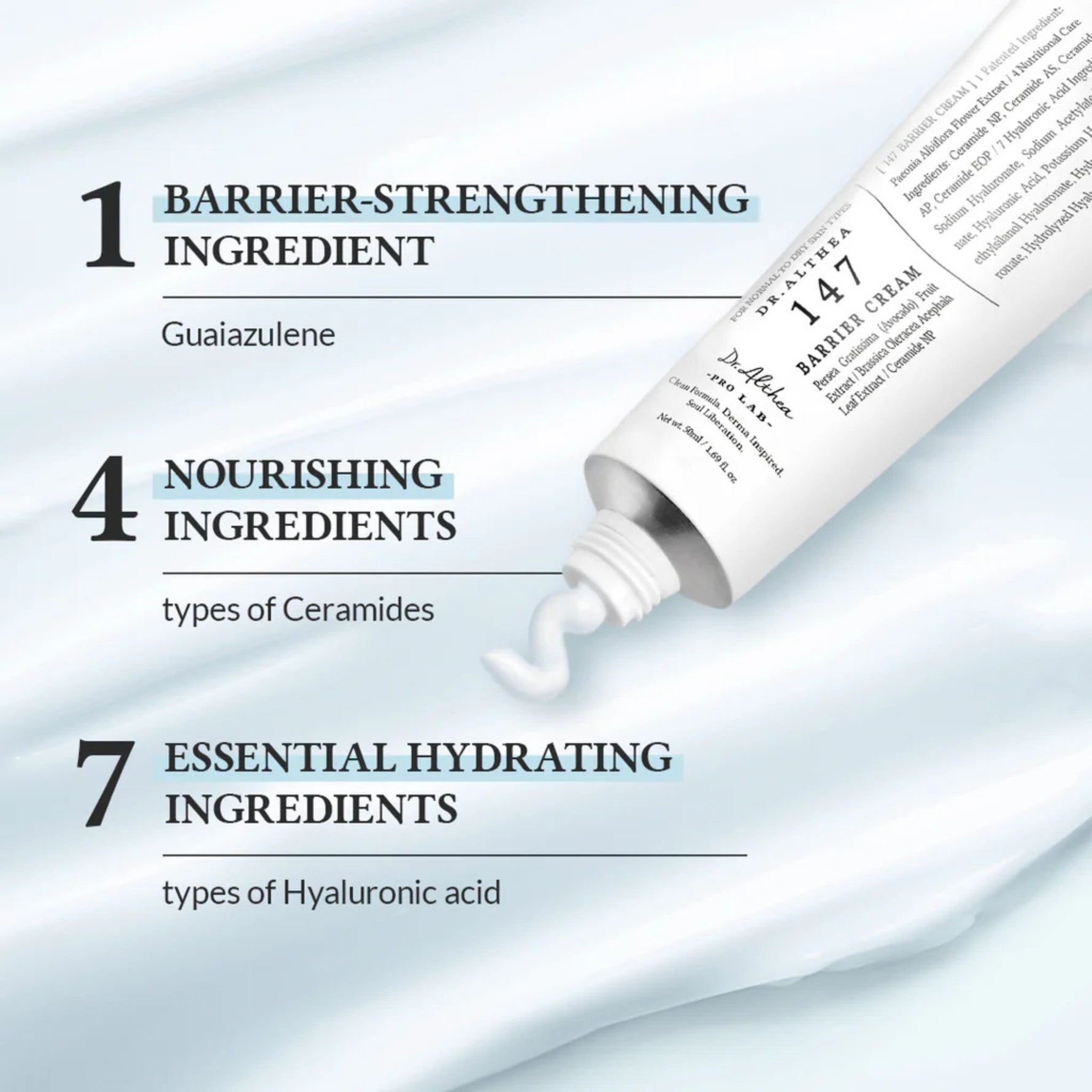 Dr. Althea 147 Barrier Cream infographic showing 1 barrier-strengthening ingredient guaiazulene, 4 nourishing ceramides, and 7 hydrating types of hyaluronic acid for skin barrier repair and deep hydration.