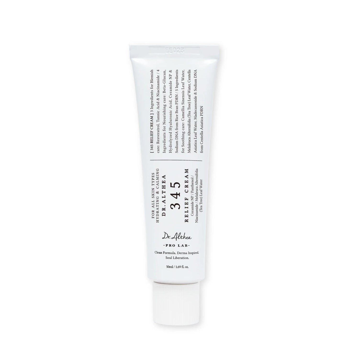 Dr. Althea 345 Relief Cream 50ml white tube packaging, Korean soothing moisturizer with Centella Asiatica, Niacinamide, and Hyaluronic Acid for sensitive and acne-prone skin.