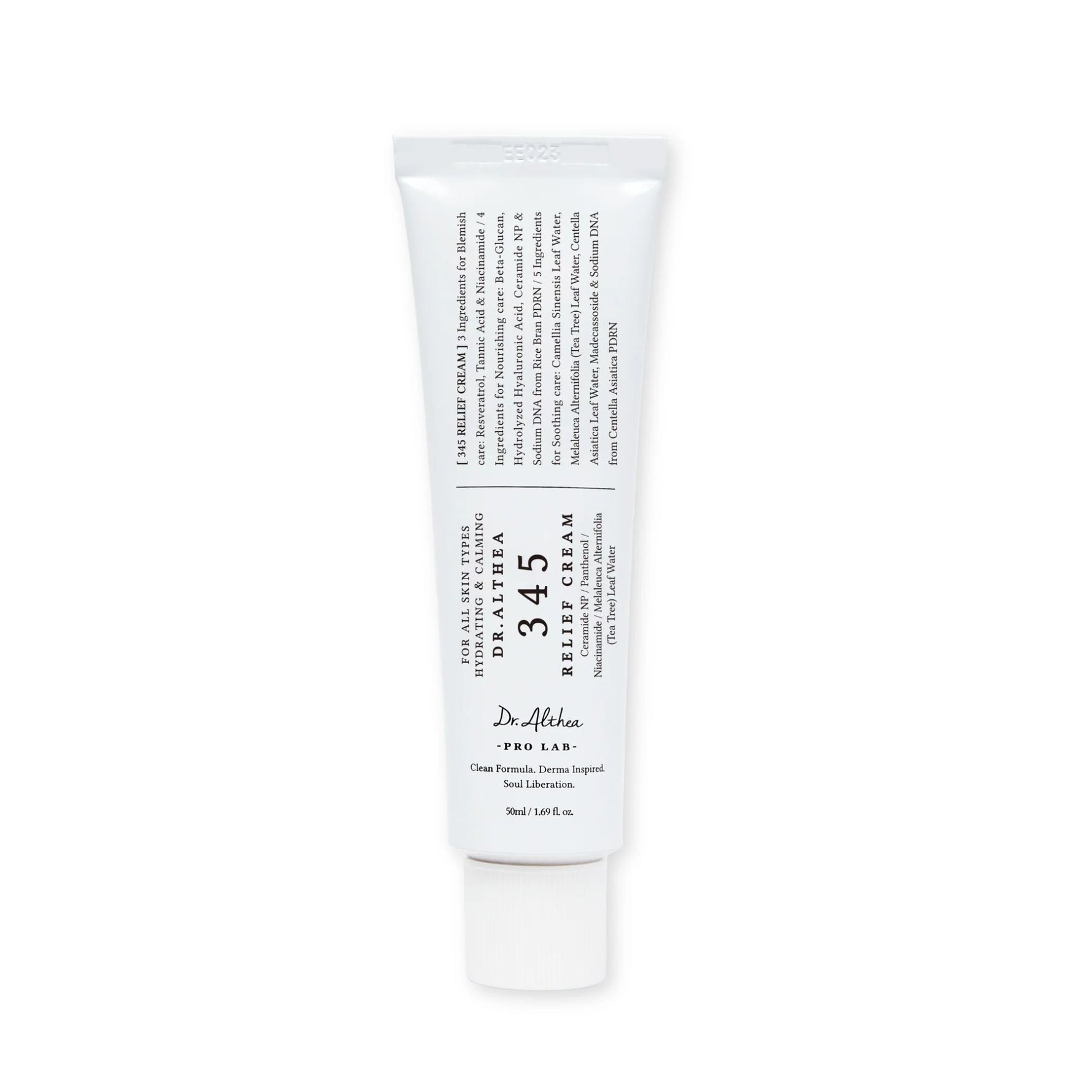 Dr. Althea 345 Relief Cream 50ml white tube packaging, Korean soothing moisturizer with Centella Asiatica, Niacinamide, and Hyaluronic Acid for sensitive and acne-prone skin.