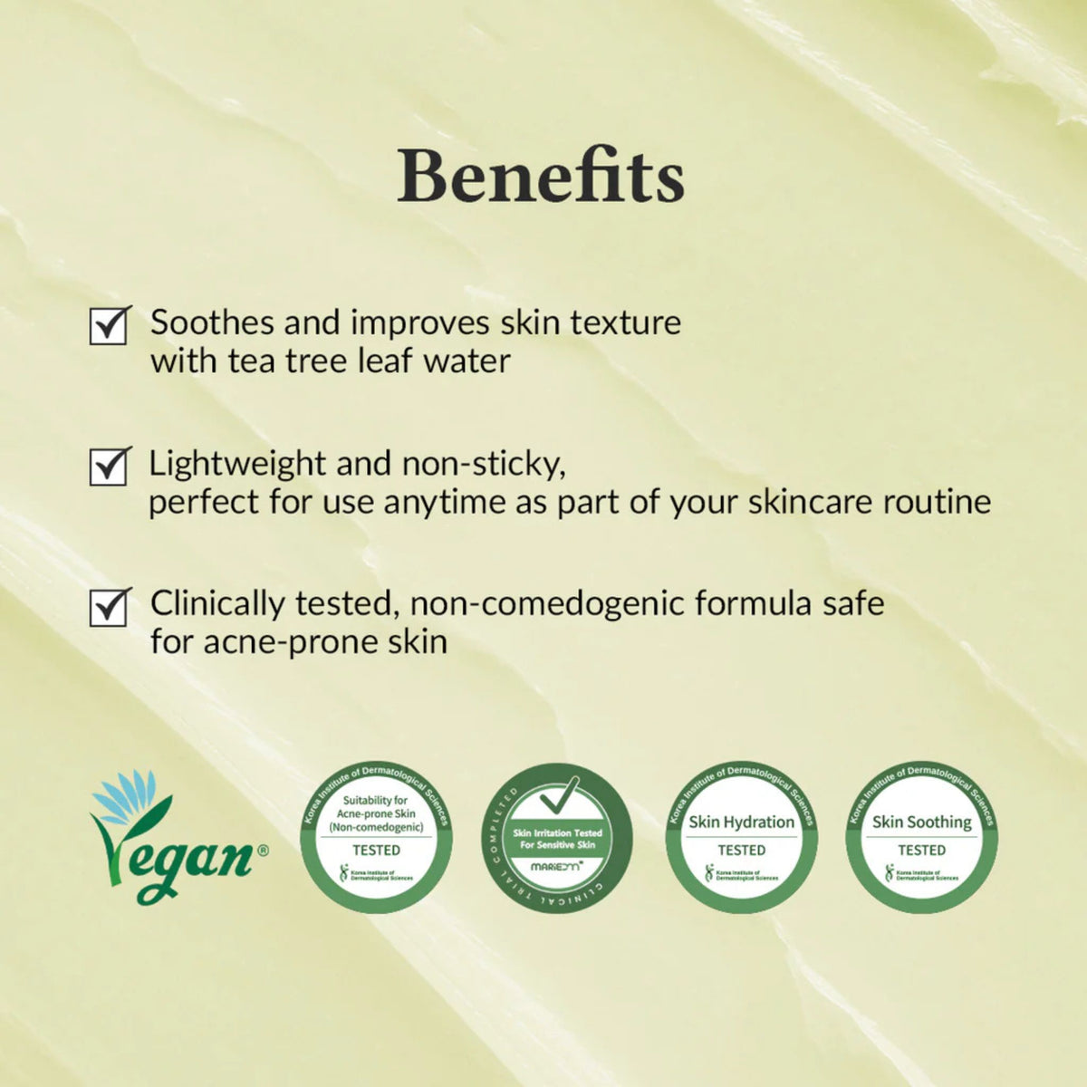 Benefits of Dr. Althea 345 Relief Cream: soothes and improves skin texture with tea tree water, lightweight non-sticky moisturizer, clinically tested non-comedogenic formula safe for acne-prone skin, vegan and dermatologist tested.