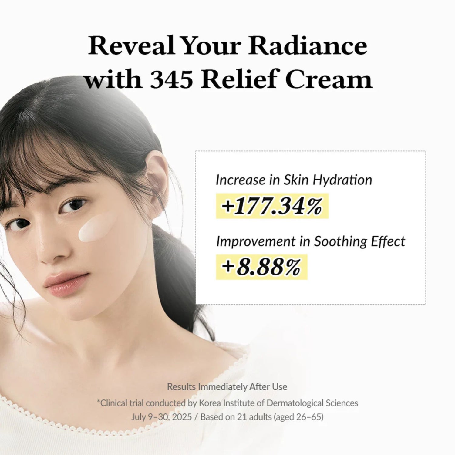 Dr. Althea 345 Relief Cream clinical results infographic showing +177% increase in skin hydration and +8.88% improvement in soothing effect after use, dermatologically tested in Korea.