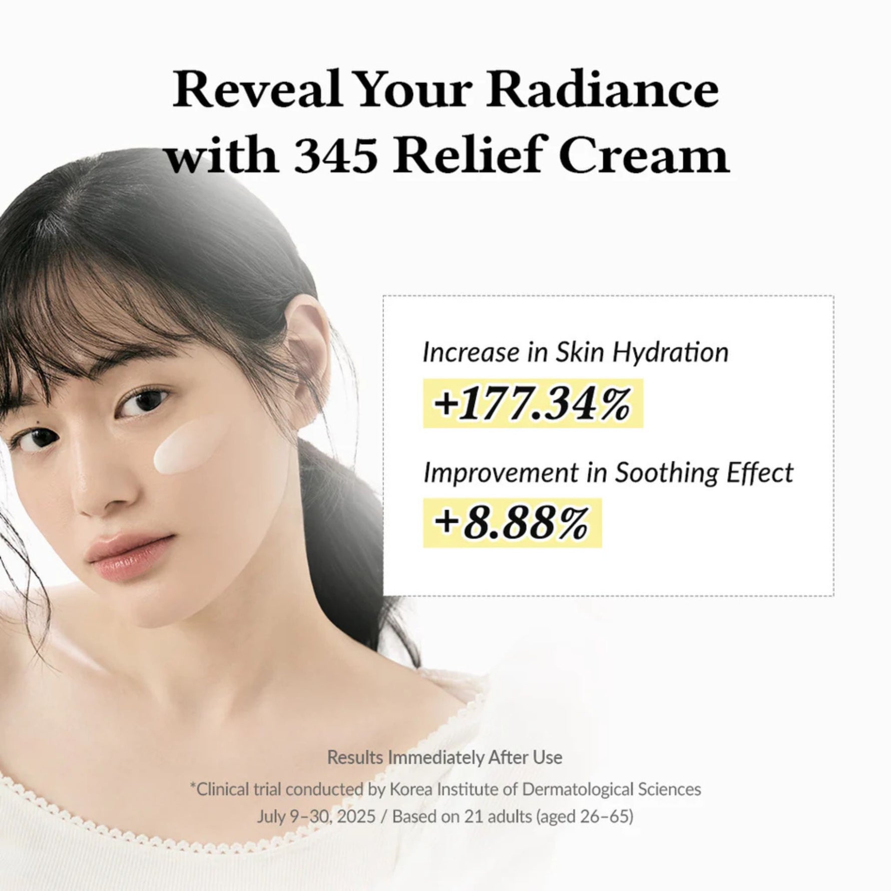 Dr. Althea 345 Relief Cream clinical results infographic showing +177% increase in skin hydration and +8.88% improvement in soothing effect after use, dermatologically tested in Korea.