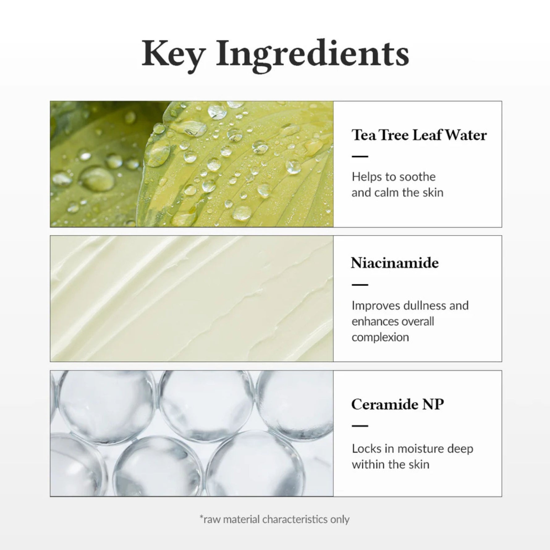 Key ingredients of Dr. Althea 345 Relief Cream: Tea Tree Leaf Water to calm and soothe, Niacinamide to improve dullness and even skin tone, and Ceramide NP to lock in deep hydration.
