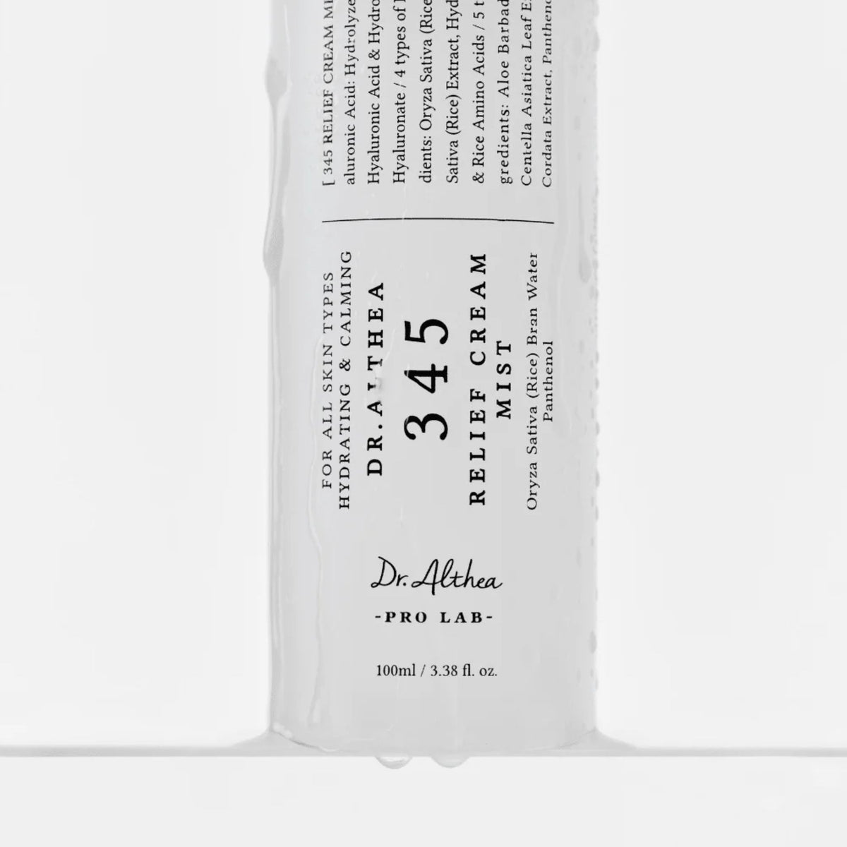 Close-up of Dr. Althea 345 Relief Cream Mist label showing hyaluronic acid, rice-derived, and centella calming ingredients