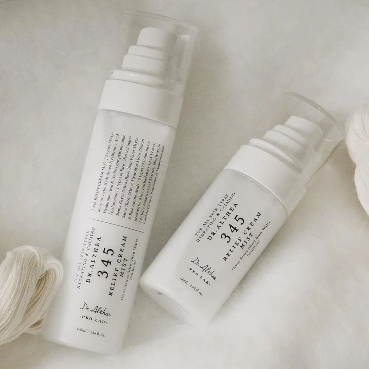 Dr. Althea 345 Relief Cream Mist in 100ml and 60ml sizes, Korean rice-based hydrating toner mist