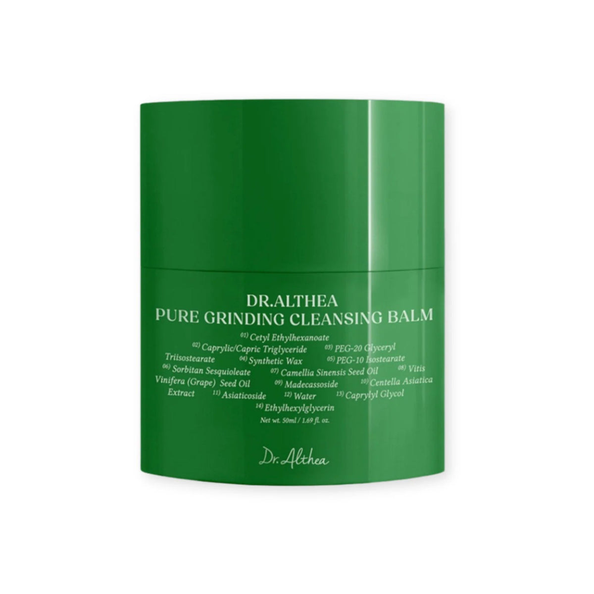 Dr. Althea Pure Grinding Cleansing Balm 50ml green jar packaging, Korean solid-to-oil balm cleanser with Centella Asiatica, Madecassoside, Green Tea Seed Oil and Grape Seed Oil, vegan cruelty-free makeup remover for sensitive skin.