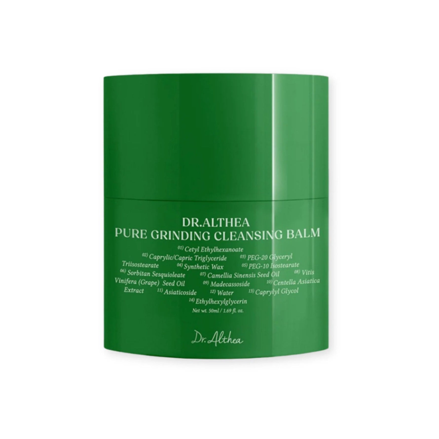 Dr. Althea Pure Grinding Cleansing Balm 50ml green jar packaging, Korean solid-to-oil balm cleanser with Centella Asiatica, Madecassoside, Green Tea Seed Oil and Grape Seed Oil, vegan cruelty-free makeup remover for sensitive skin.